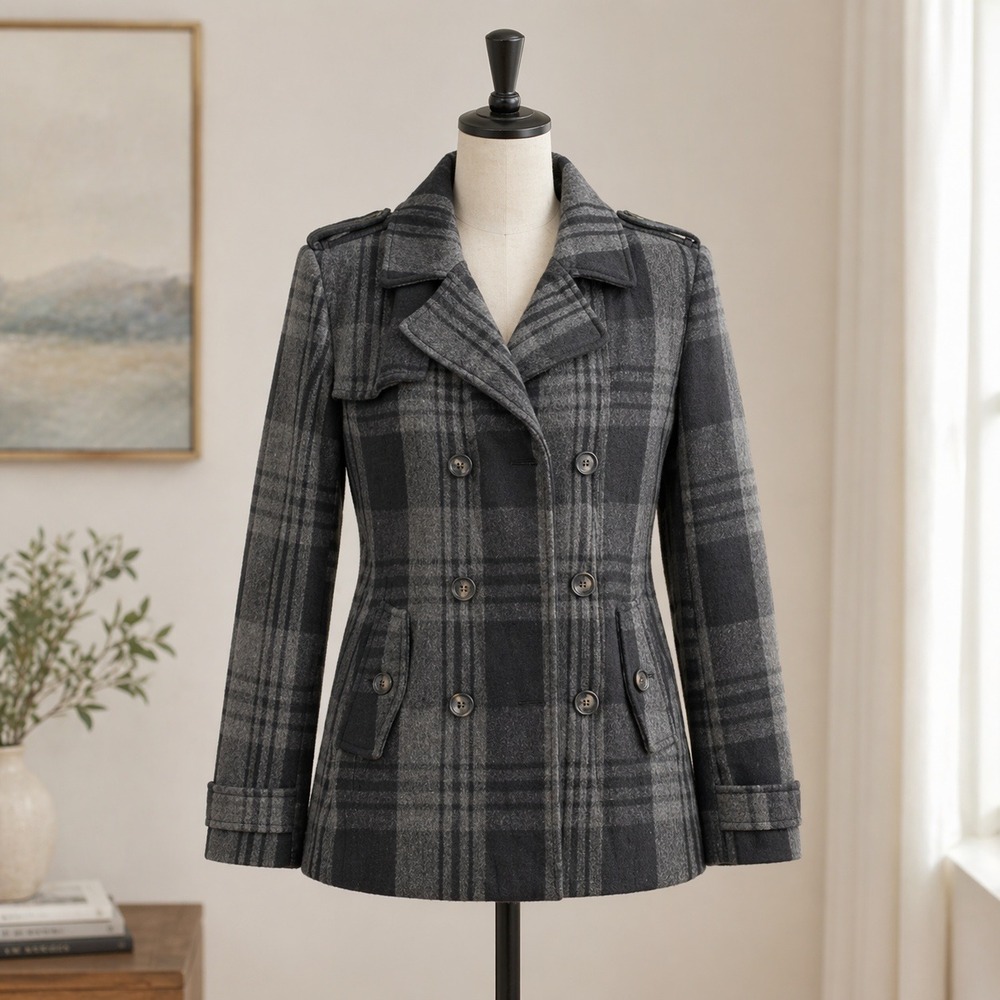 Jack & Jones Mens Babo Wool Blend Plaid Pea Coat Jacket Grey Black